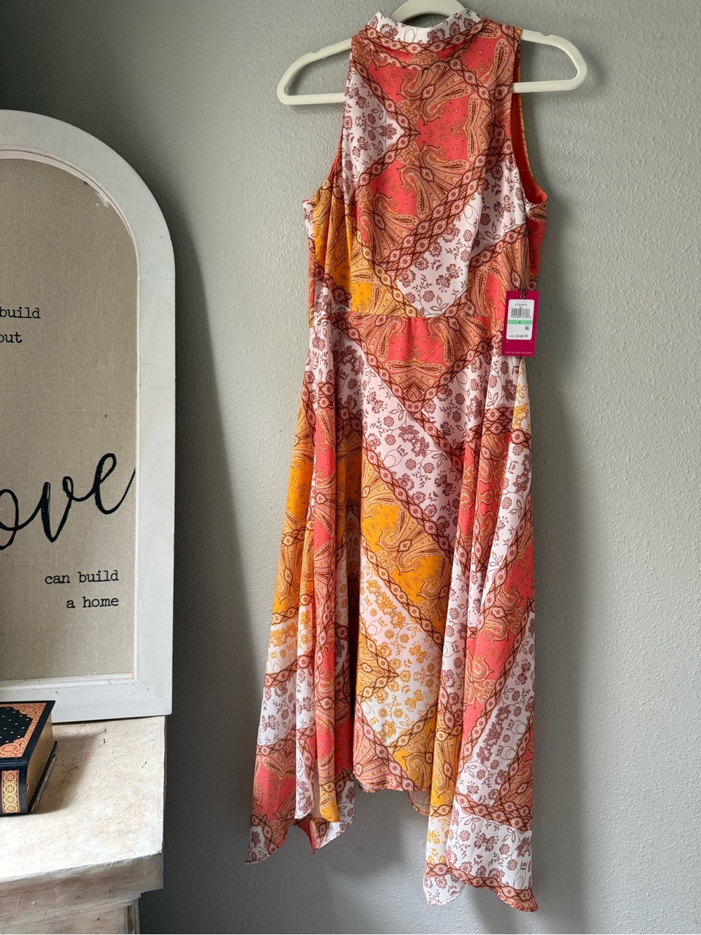 Vince Camuto Coral, Mustard & Ivory Paisley Asymmetrical Midi Dress